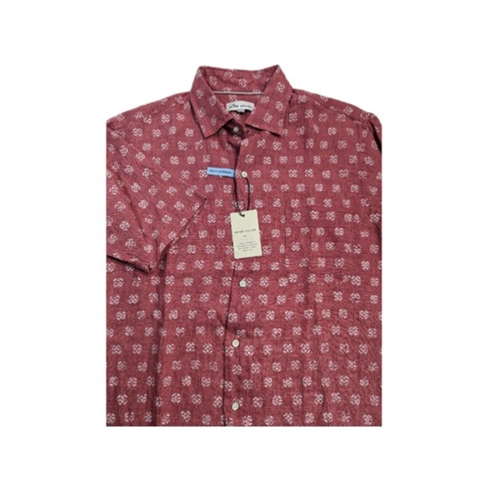 Peter Millar Mens Red Linen Geometric Untucked Button Down Shirt Sz S NWT $145